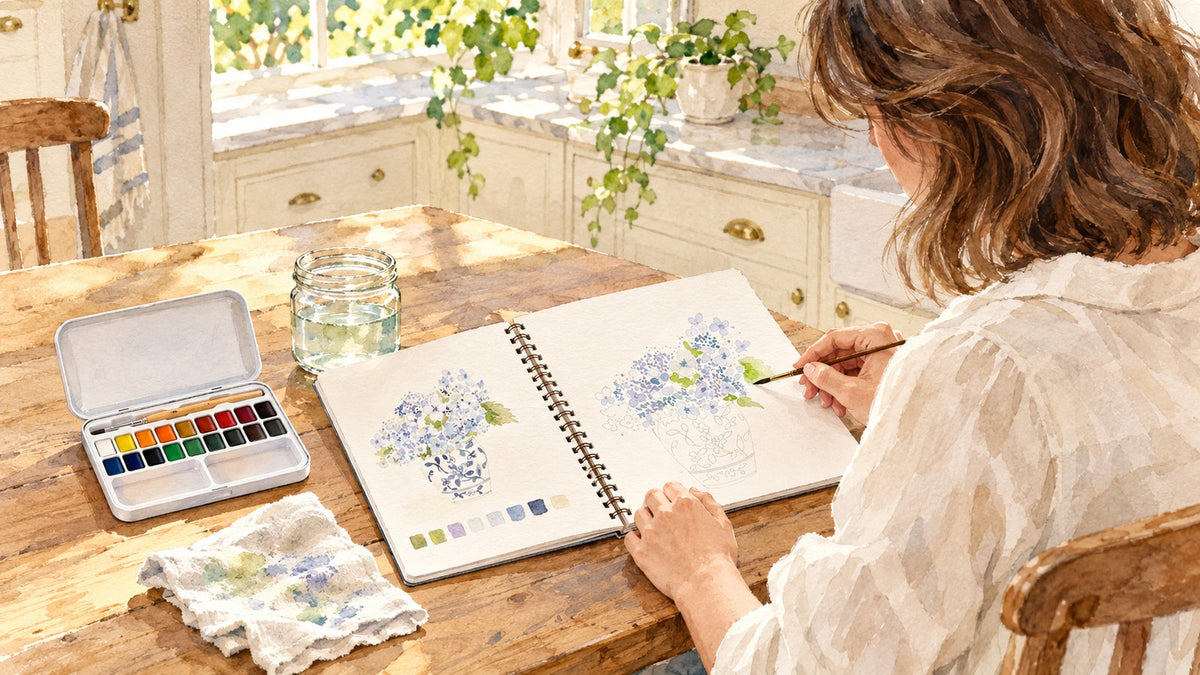 Watercolor illustration of a woman painting at a sunny kitchen table with an open workbook, white paint tin and jelly jar of water