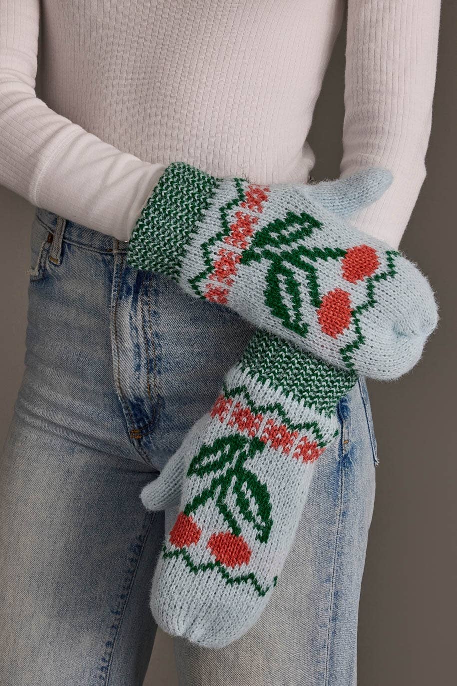 Light Blue Cherry Knit Mittens