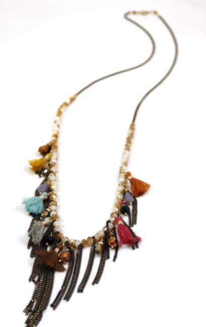 Long Crystal Necklace with Rainbow Tassels and Metal Fringe