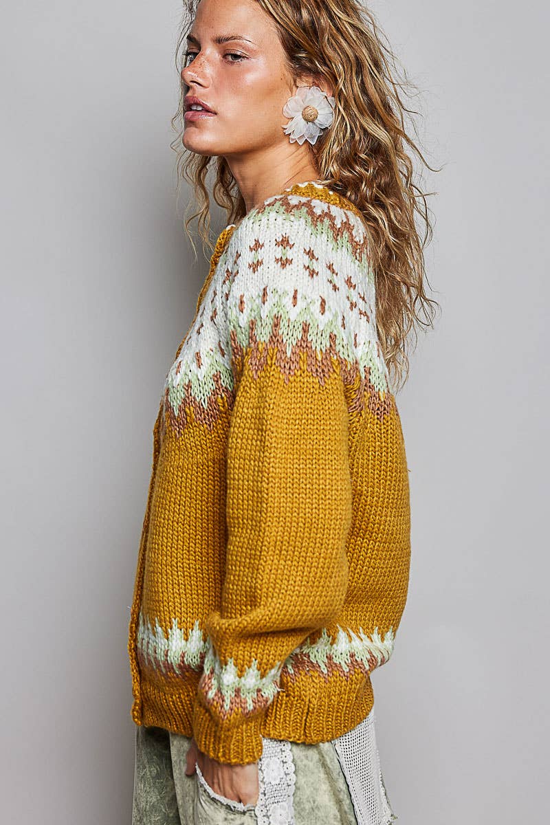 Fair Isle Knit Button Front Cardigan