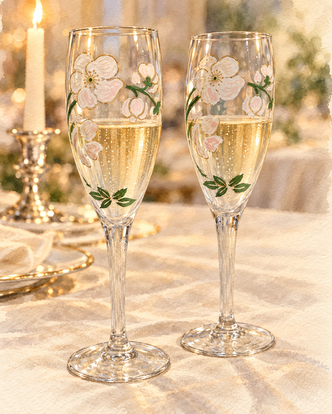 Vintage Floral Champagne Flutes — Pair