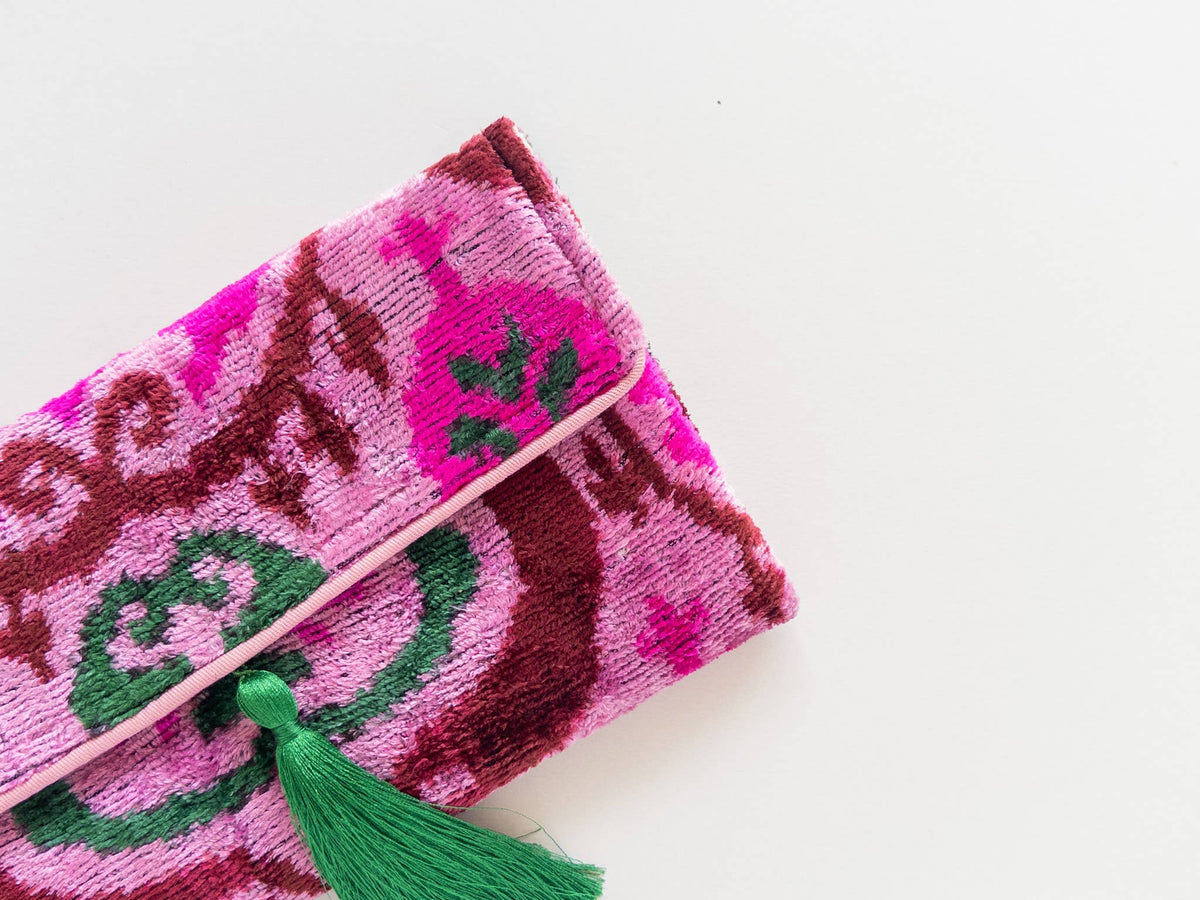 AYCA Design Silk Velvet Ikat Tassel Clutch