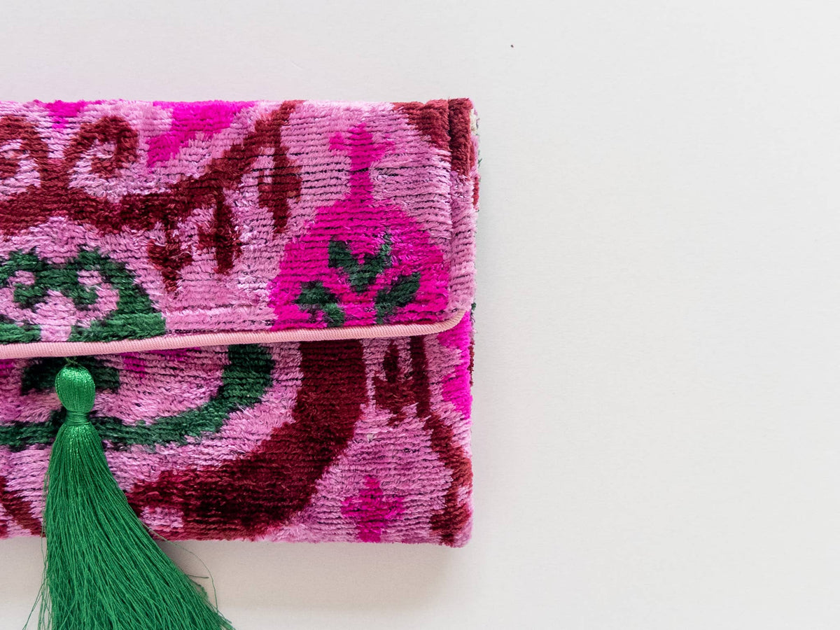 AYCA Design Silk Velvet Ikat Tassel Clutch