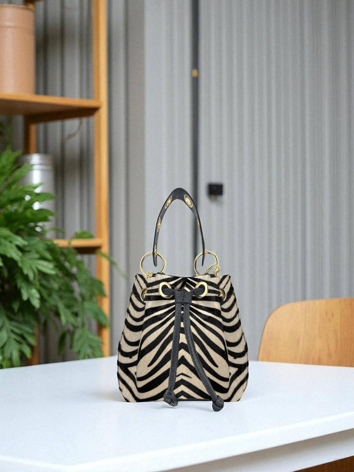 Noelia Zebra Leather Bucket Bag