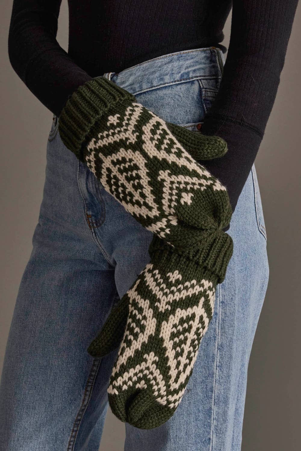 Olive & Beige Patterned Knit Mittens