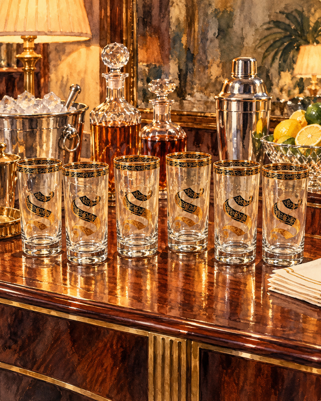 Mid-Century “S” Monogram Highballs — Set of Six