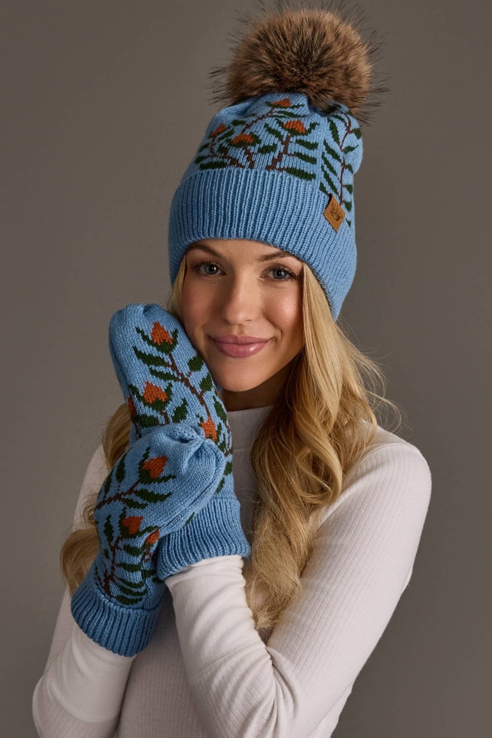 Blue Floral Knit Mittens