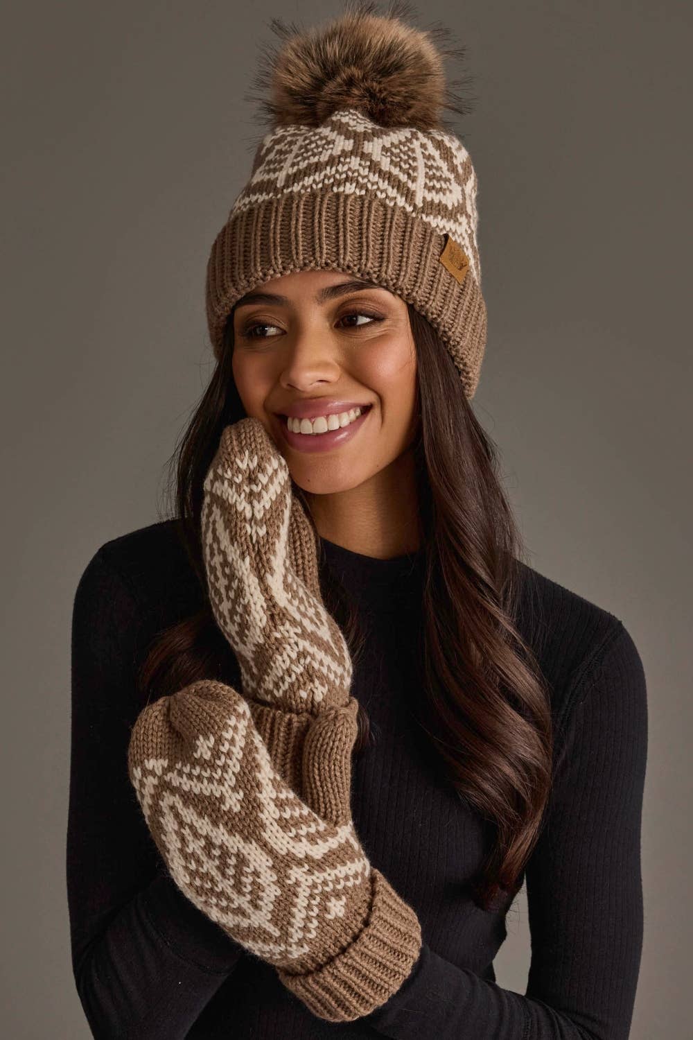Taupe & Beige Patterned Knit Mittens