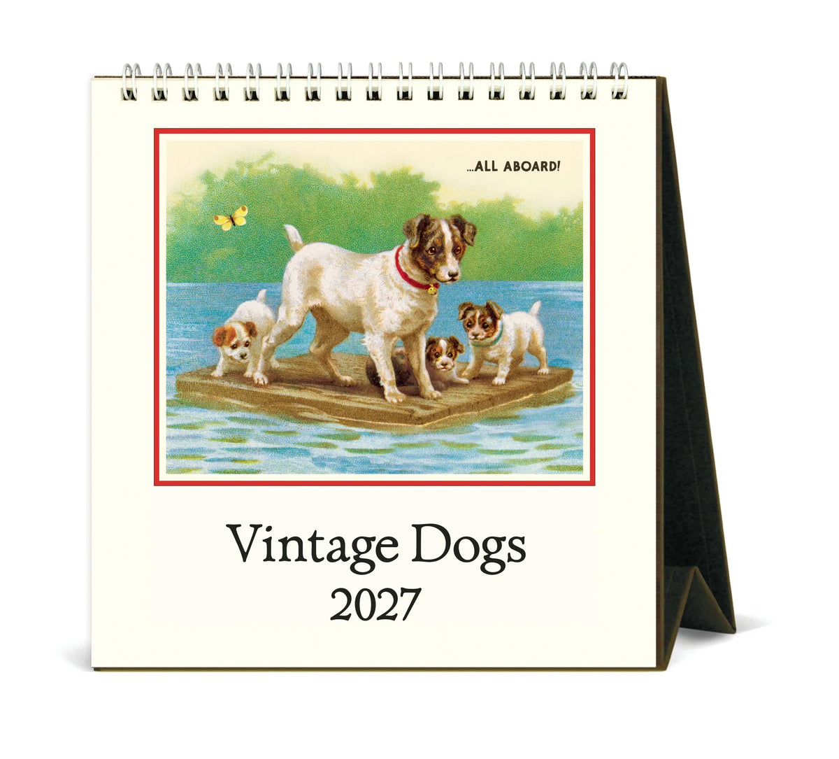 Vintage Dogs 2027 desk calendar cover showing a mother dog and three puppies on a raft