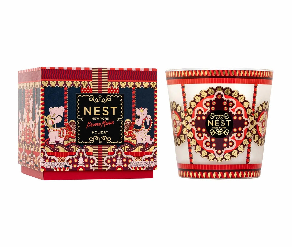 NEST x Pierre Marie Holiday three-wick candle with illustrated gift box
