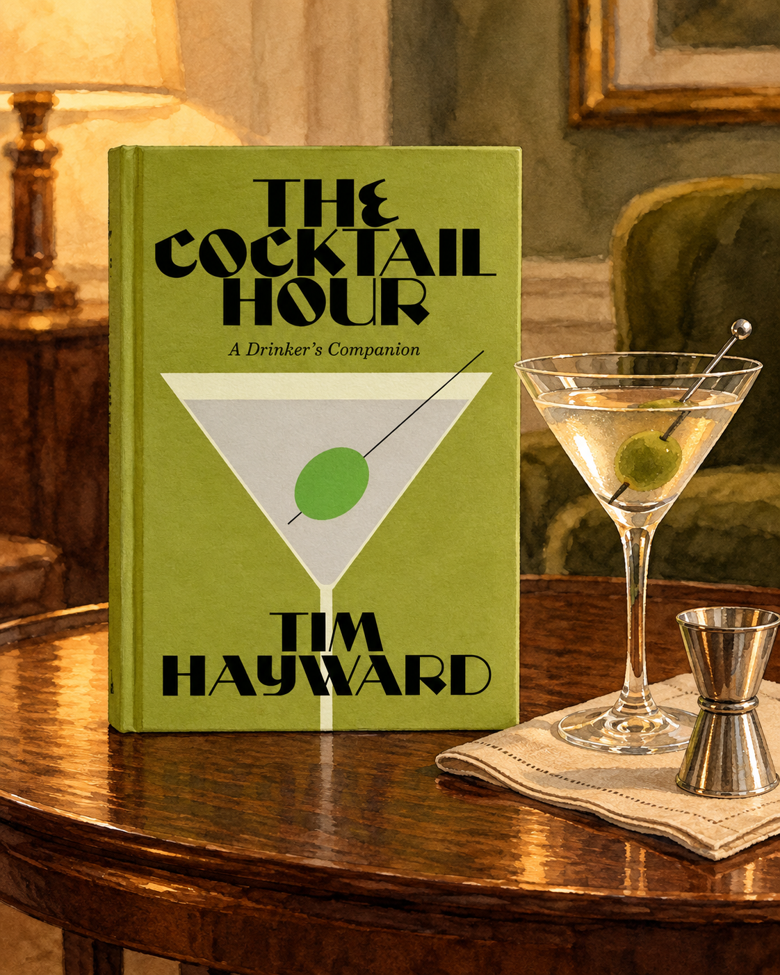 Watercolor illustration of The Cocktail Hour by Tim Hayward beside a martini on a walnut table