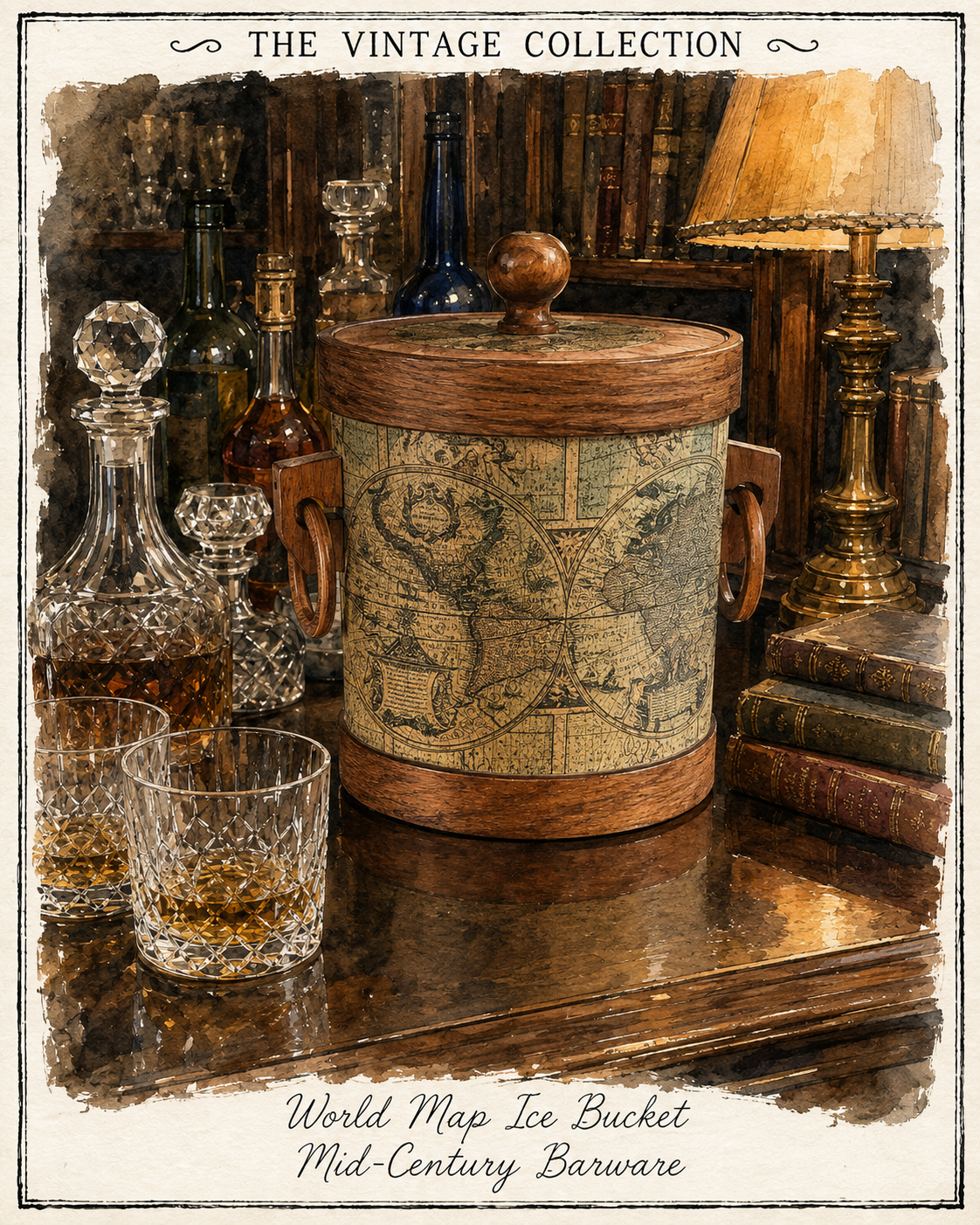 Vintage Mid-Century World Map Ice Bucket with Wooden Lid & Ring Handles