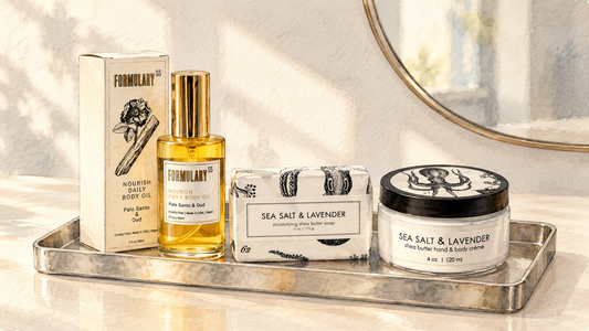 Watercolor of Formulary 55 body oil, soap and hand cream on a silver tray at a contemporary dressing table.