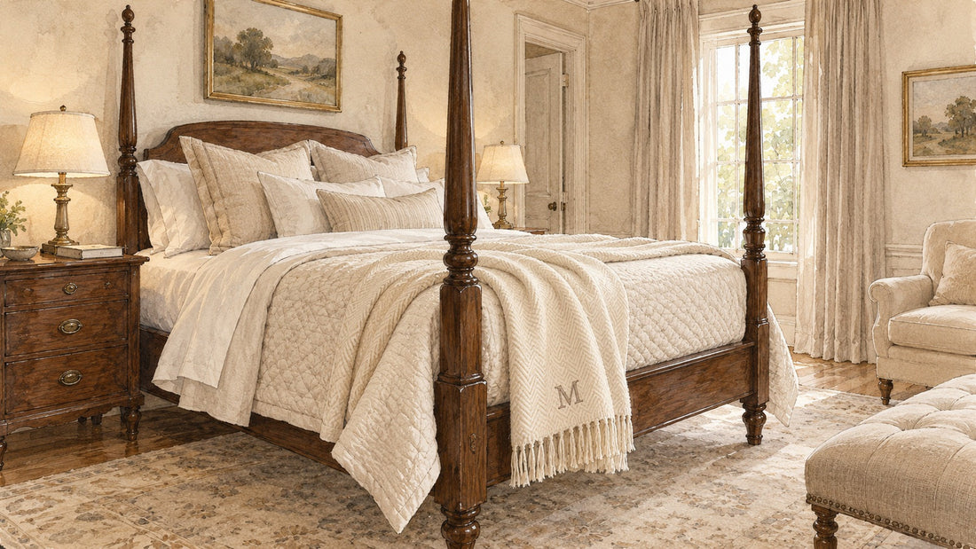 Watercolor of an elegant neutral bedroom with a monogrammed Italian herringbone throw.