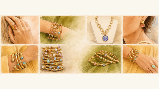 Watercolor montage of Julie Vos necklaces, earrings, rings and bracelets.