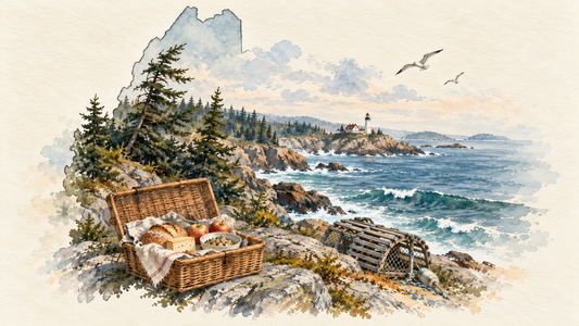 Maine coastal watercolor with pine trees, a lighthouse, picnic basket, and wooden lobster trap