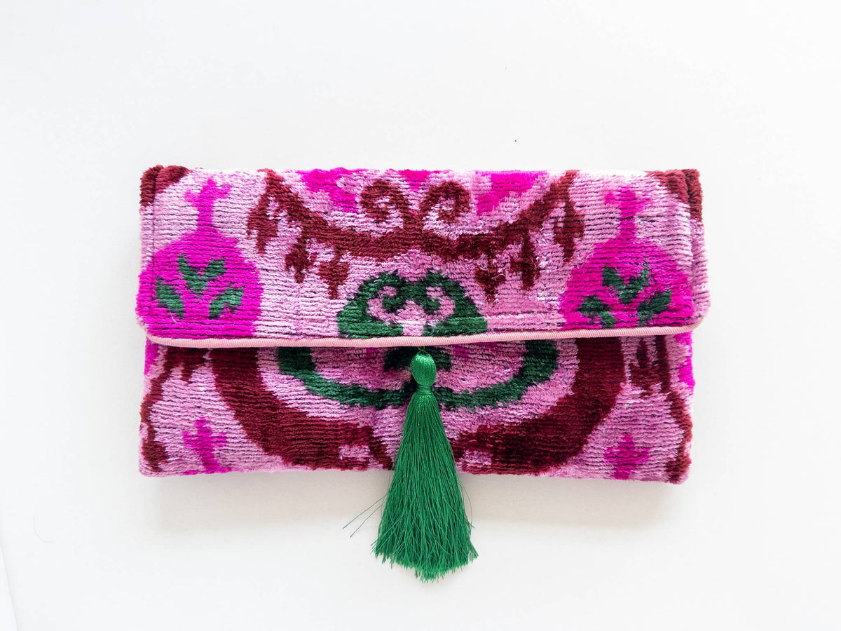 AYCA Design Silk Velvet Ikat Tassel Clutch