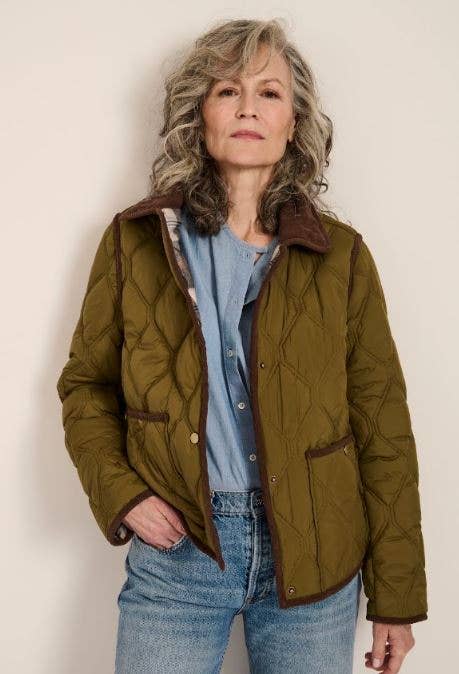 Hudson Corduroy Collar Quilted Jacket — Olive — Large