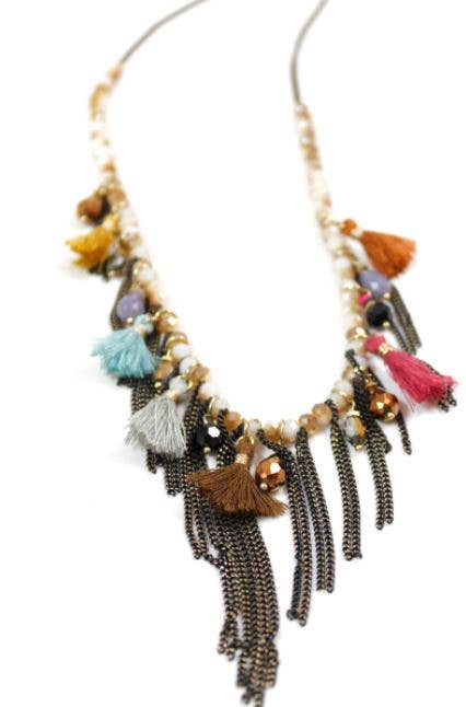 Long Crystal Necklace with Rainbow Tassels and Metal Fringe