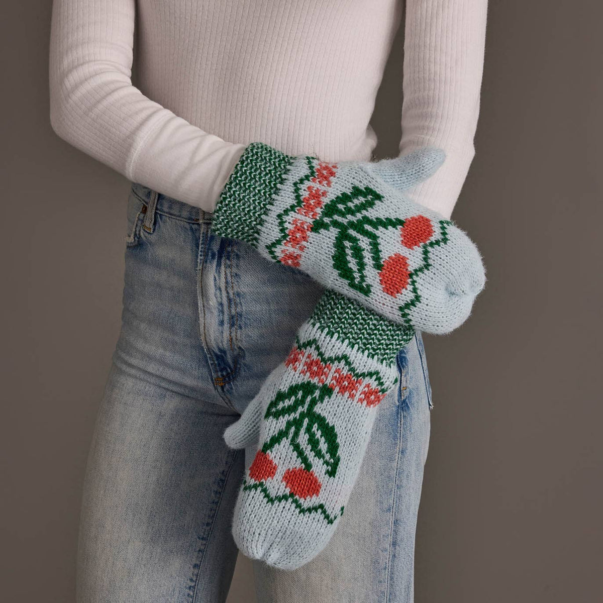 Light Blue Cherry Knit Mittens