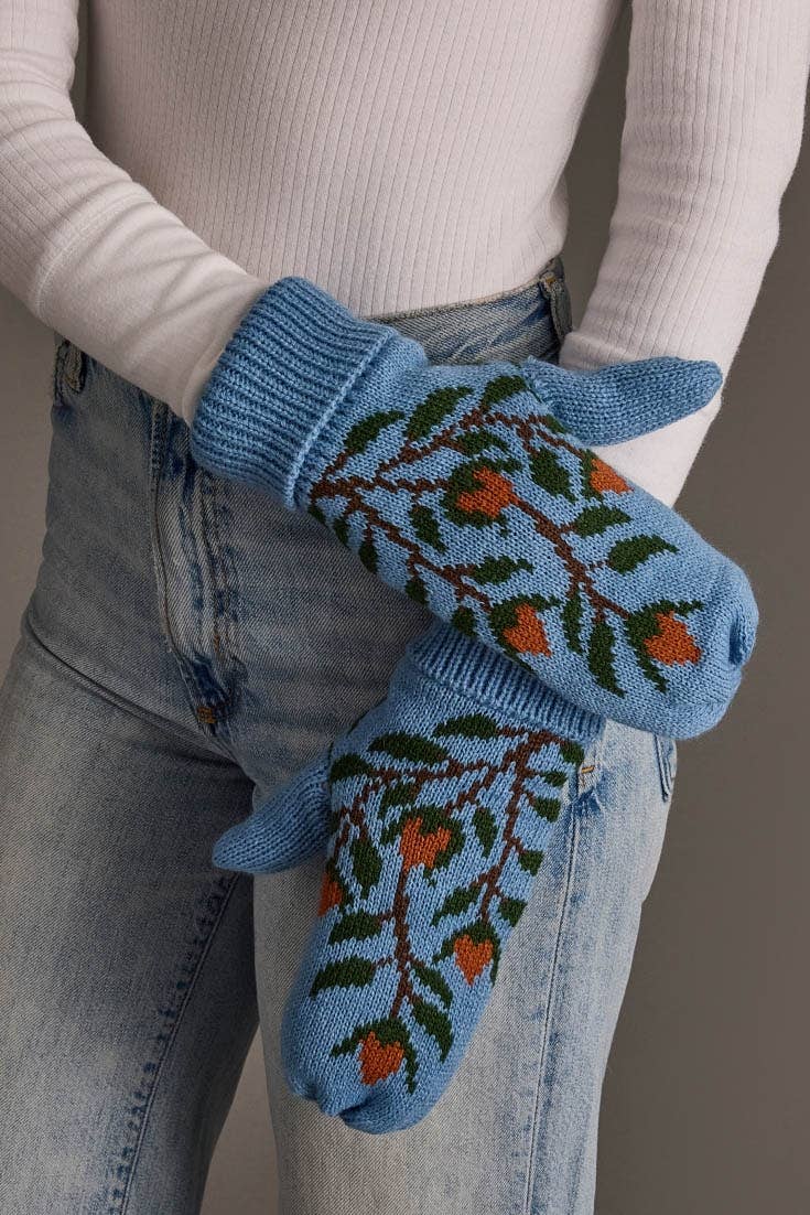 Blue Floral Knit Mittens