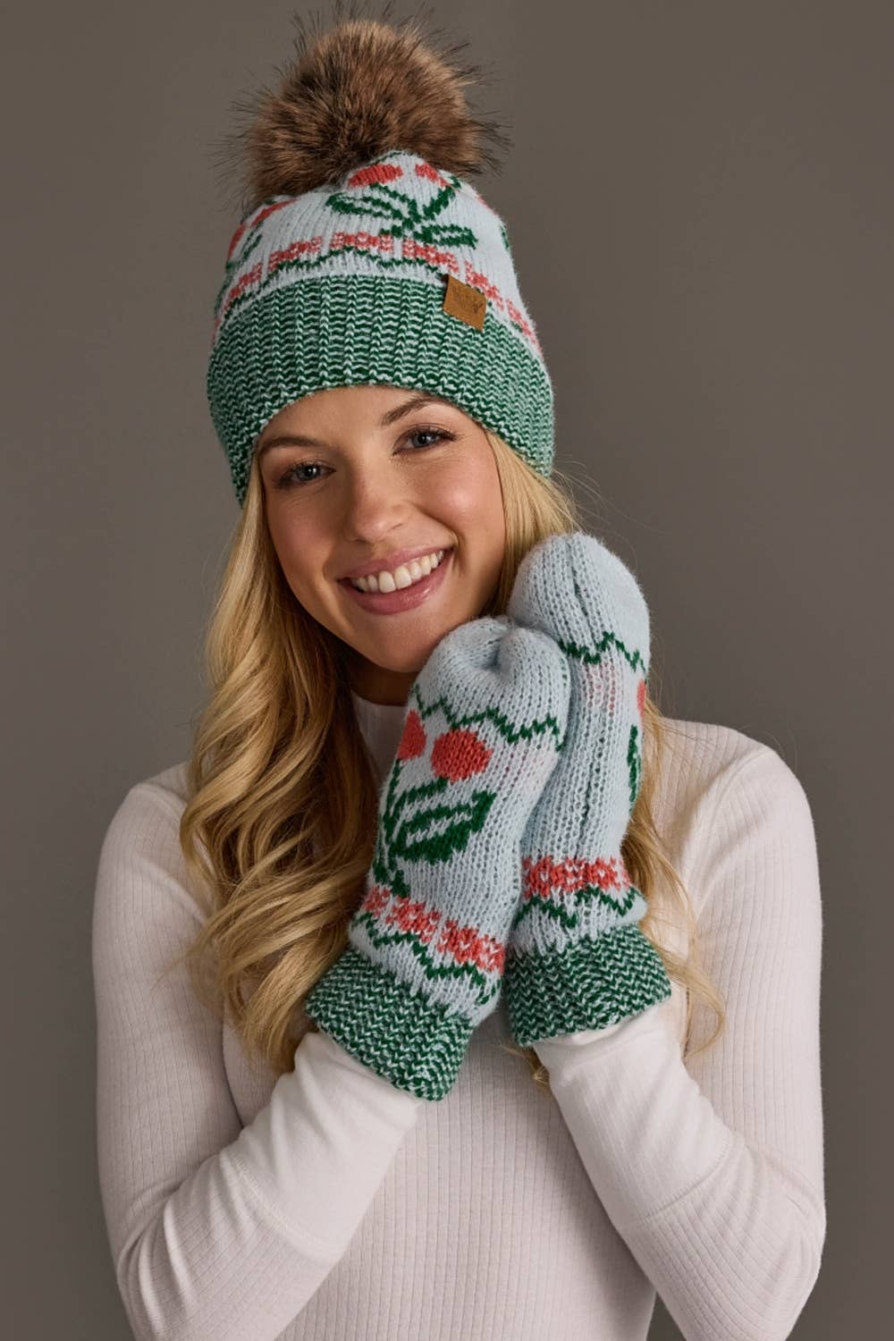 Light Blue Cherry Knit Mittens
