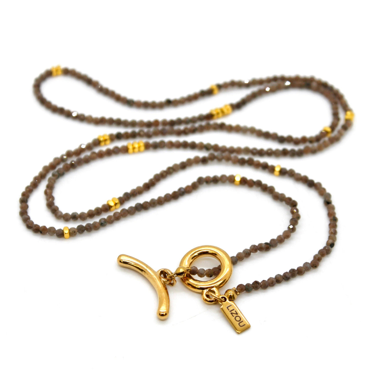 Long Coffee Labradorite Stone and Gold Luxury Necklace - NC-618L