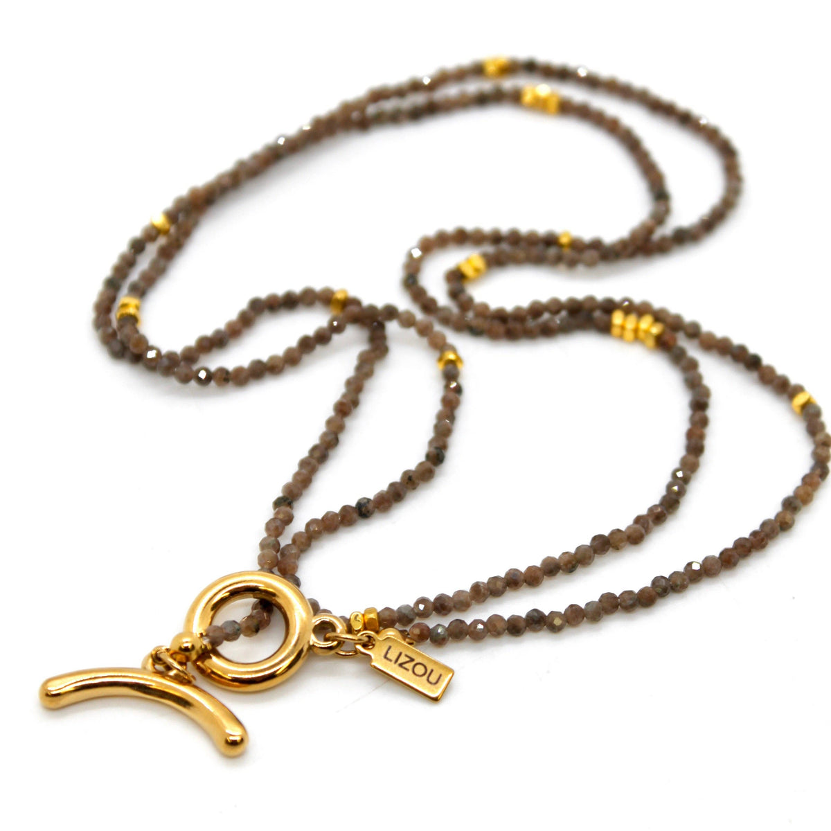 Long Coffee Labradorite Stone and Gold Luxury Necklace - NC-618L