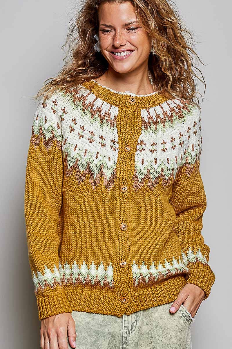 Fair Isle Knit Button Front Cardigan