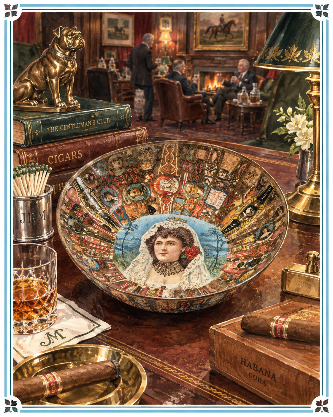 Antique Folk Art Cigar Band Decoupage Bowl