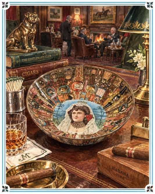 Antique Folk Art Cigar Band Decoupage Bowl
