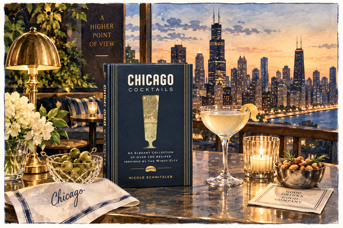 Illustrated cocktail books and entertaining scene from Clever Girl Chronicle Raise a Glass