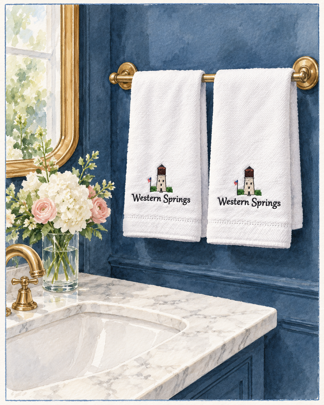 Western Springs Water Tower Embroidered Hand Towel
