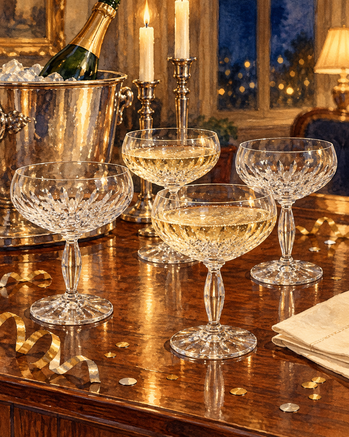 Vintage Crystal Champagne Coupes — Set of Four