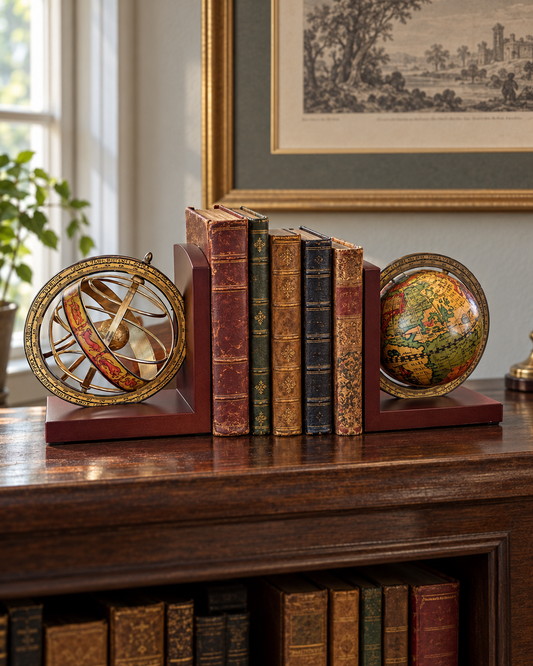 Vintage Italian Globe & Armillary Sphere Bookends — Pair