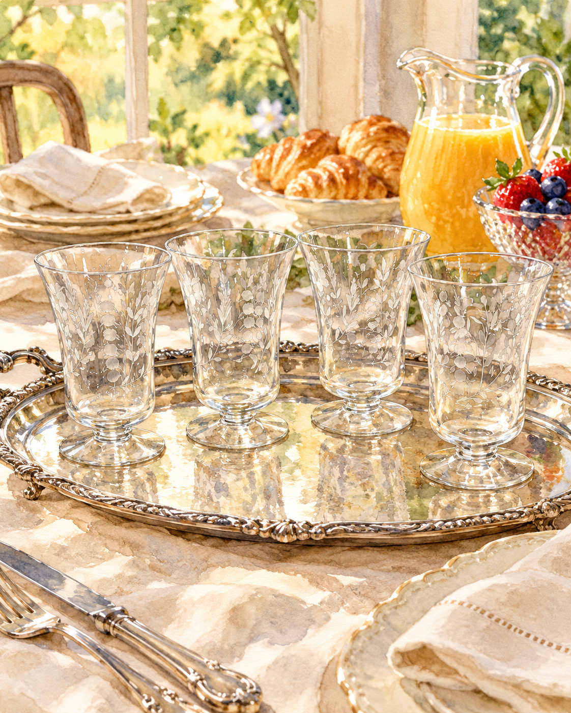 Vintage Etched Footed Glasses — Set of Four