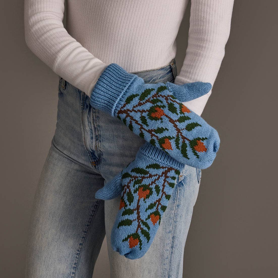Blue Floral Knit Mittens