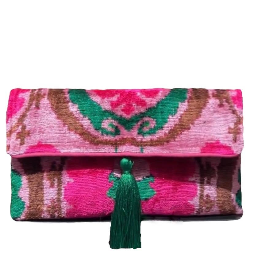AYCA Design Silk Velvet Ikat Tassel Clutch