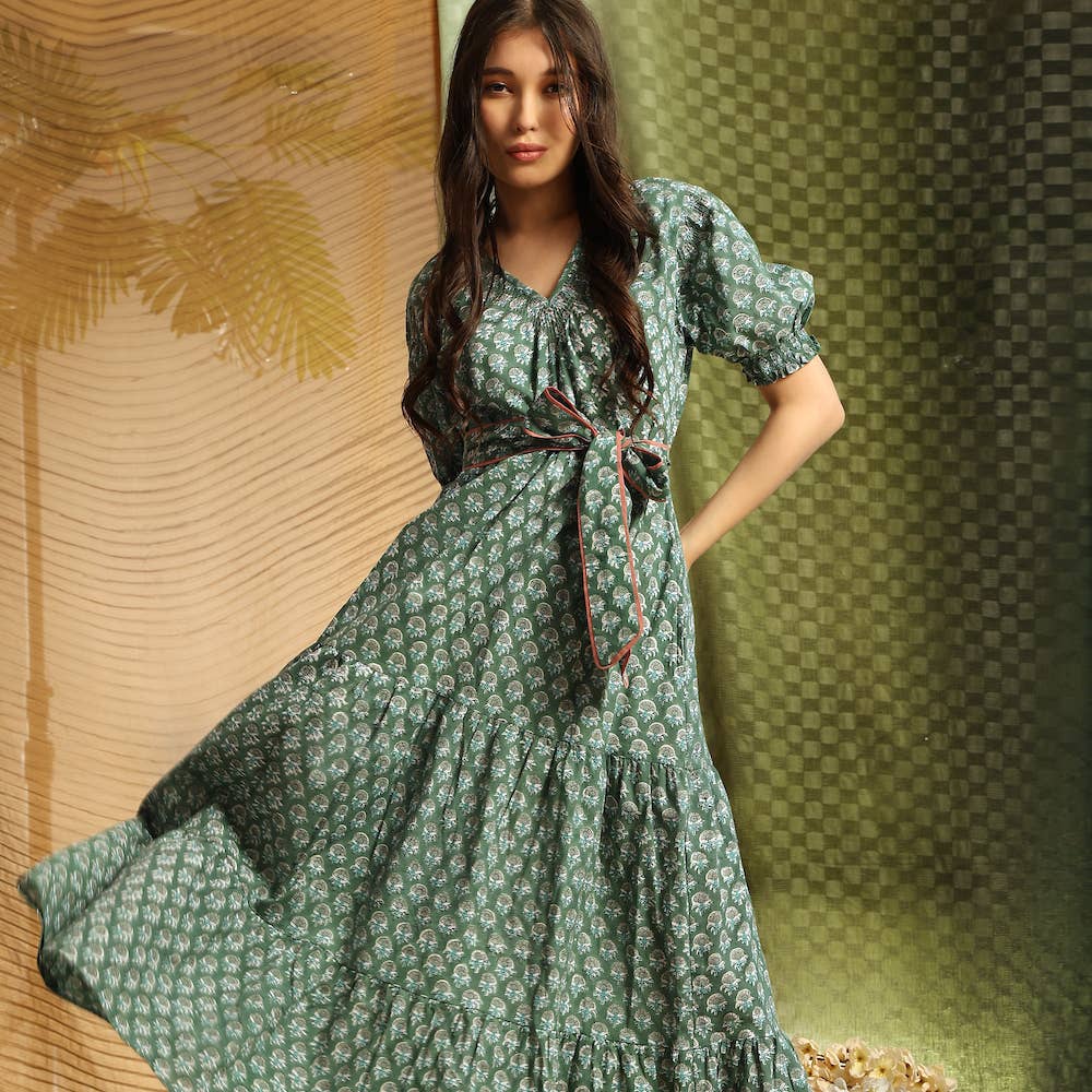 green block print dress Floral Block Printed Cotton Maxi Dress: Green Blue Boho Smocked Dress