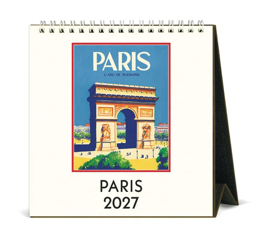Cavallini Paris 2027 desk calendar with vintage Arc de Triomphe illustration, spiral binding and easel stand