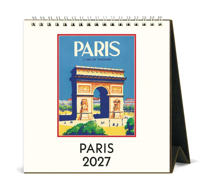 Cavallini Paris 2027 desk calendar with vintage Arc de Triomphe illustration, spiral binding and easel stand