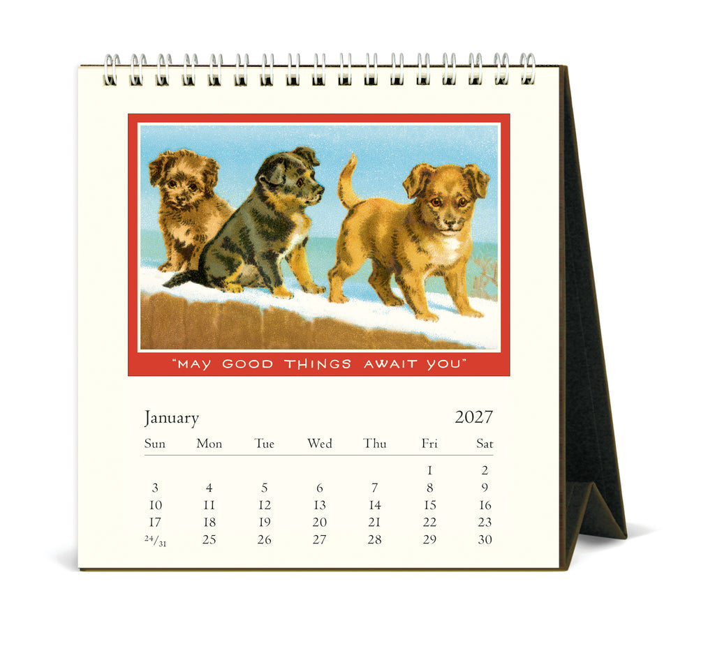 January 2027 page showing three vintage illustrated puppies in Cavallini Vintage Dogs calendar