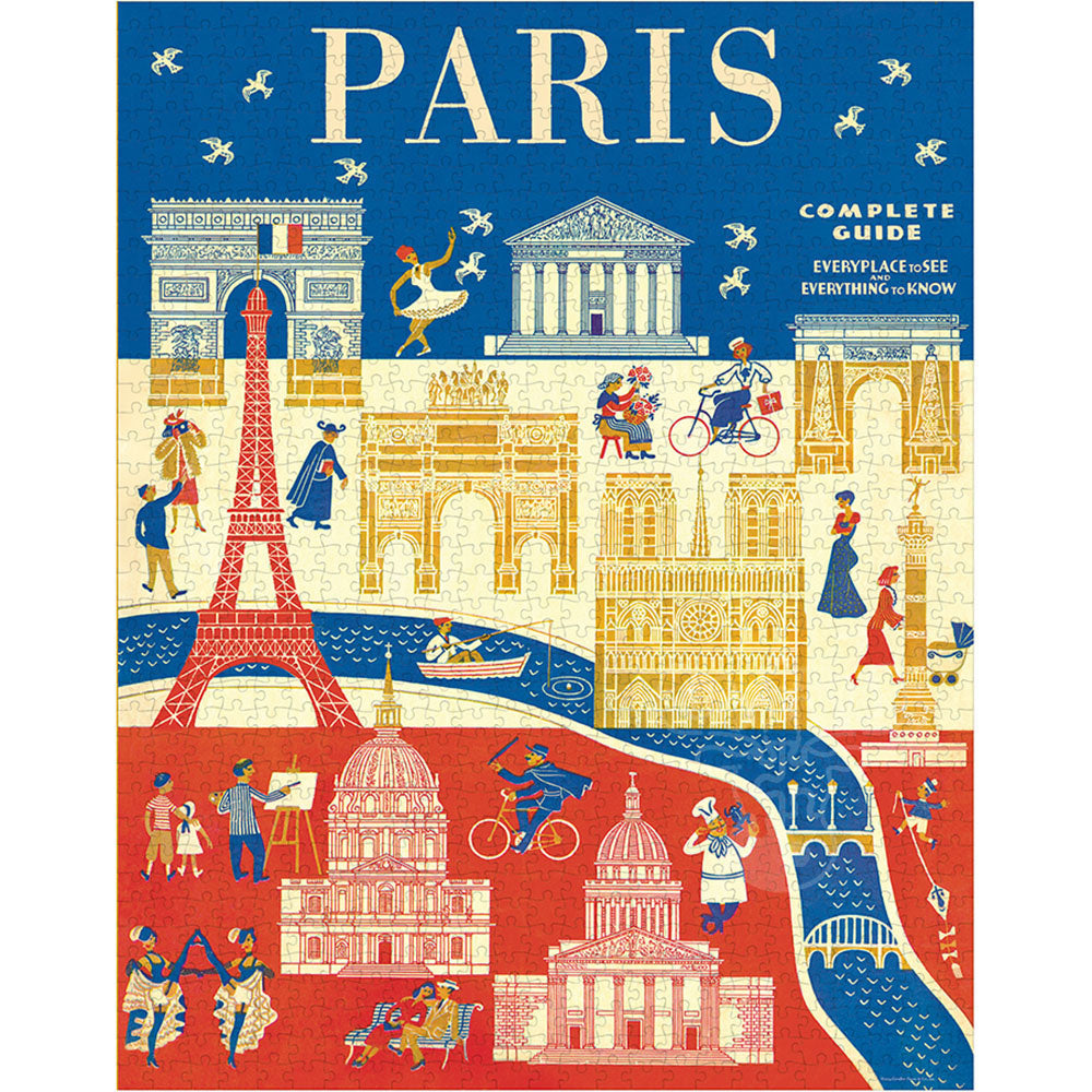 Completed Vintage Paris 1,000-piece puzzle showing Parisian landmarks in red, blue and gold