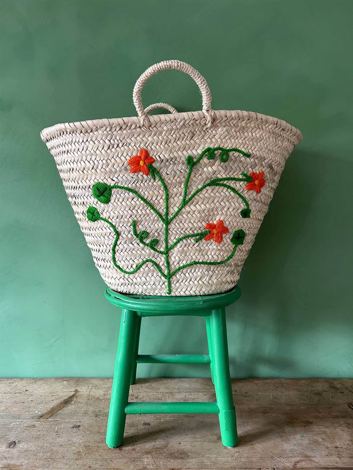 Hand Embroidered Market Basket, Nasturtium