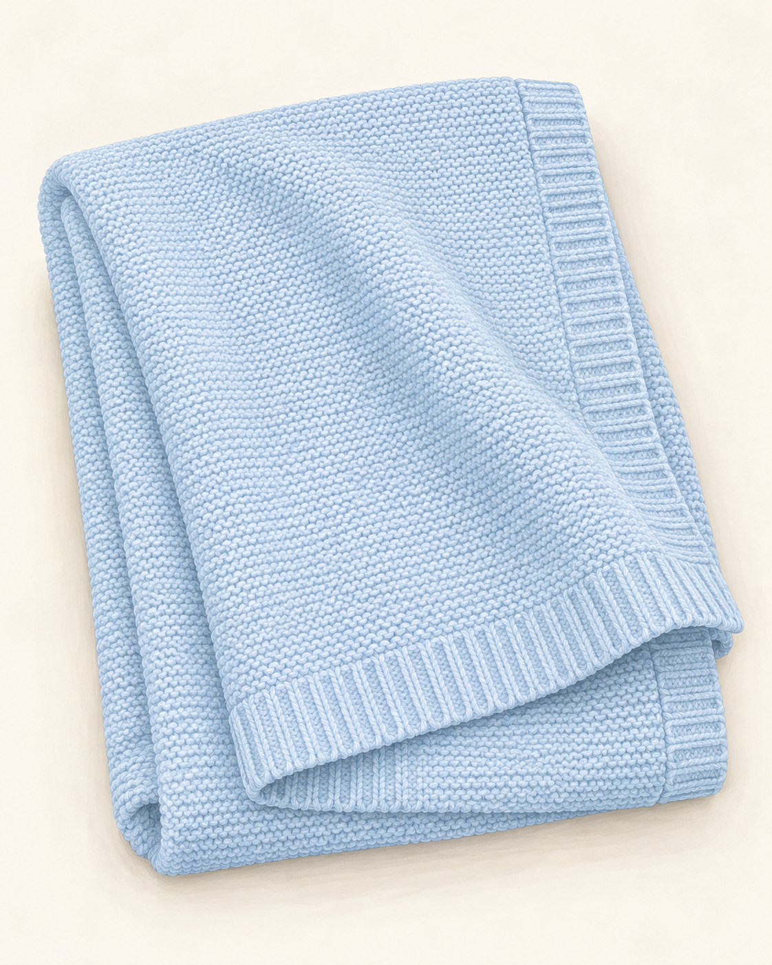 Illustration of the baby blue cotton knit baby blanket, folded to show the textured knit and ribbed border
