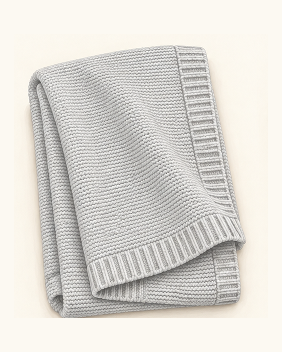 Illustration of the light gray cotton knit baby blanket with ribbed edging
