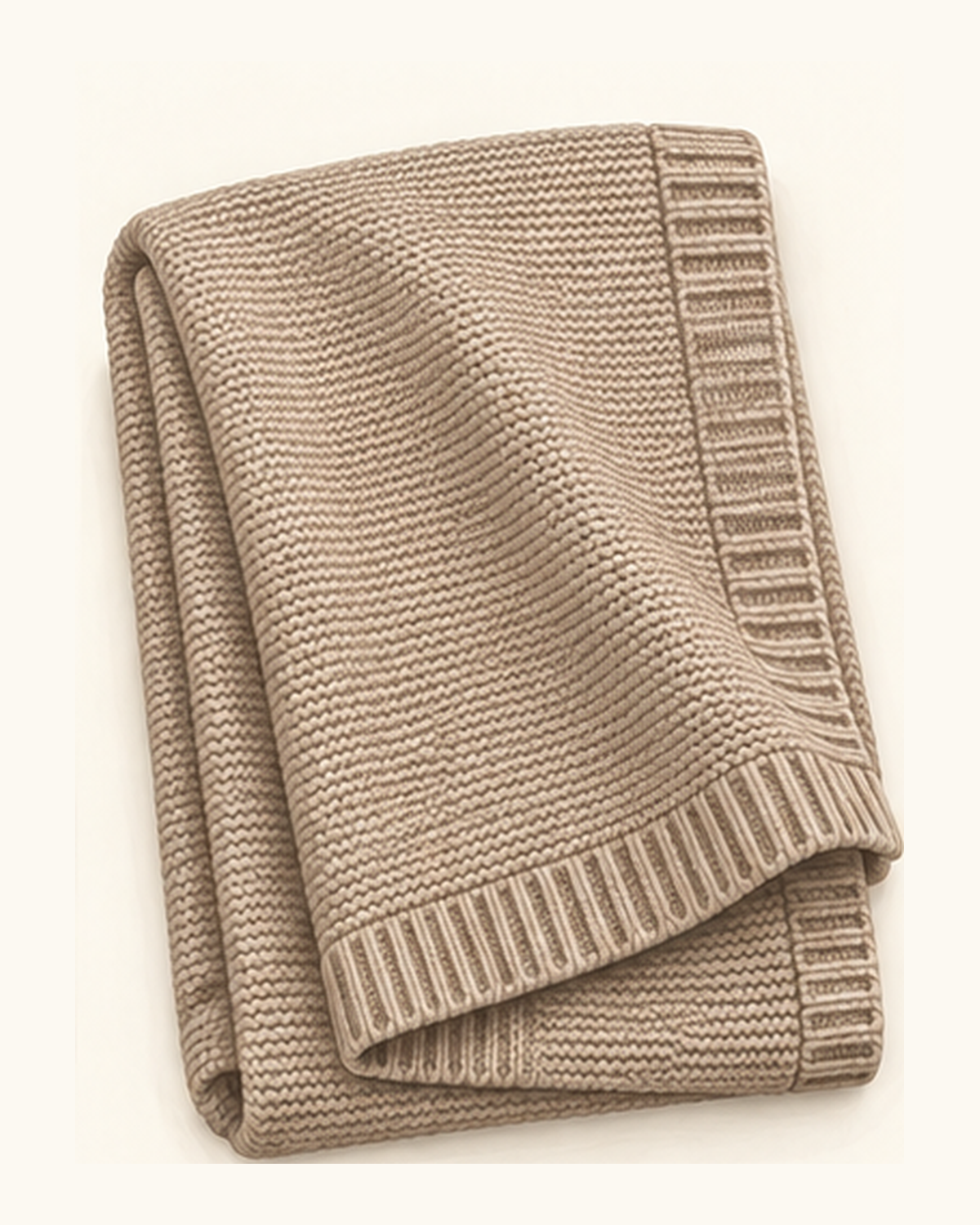 Illustration of the mocha cotton knit baby blanket with ribbed edging