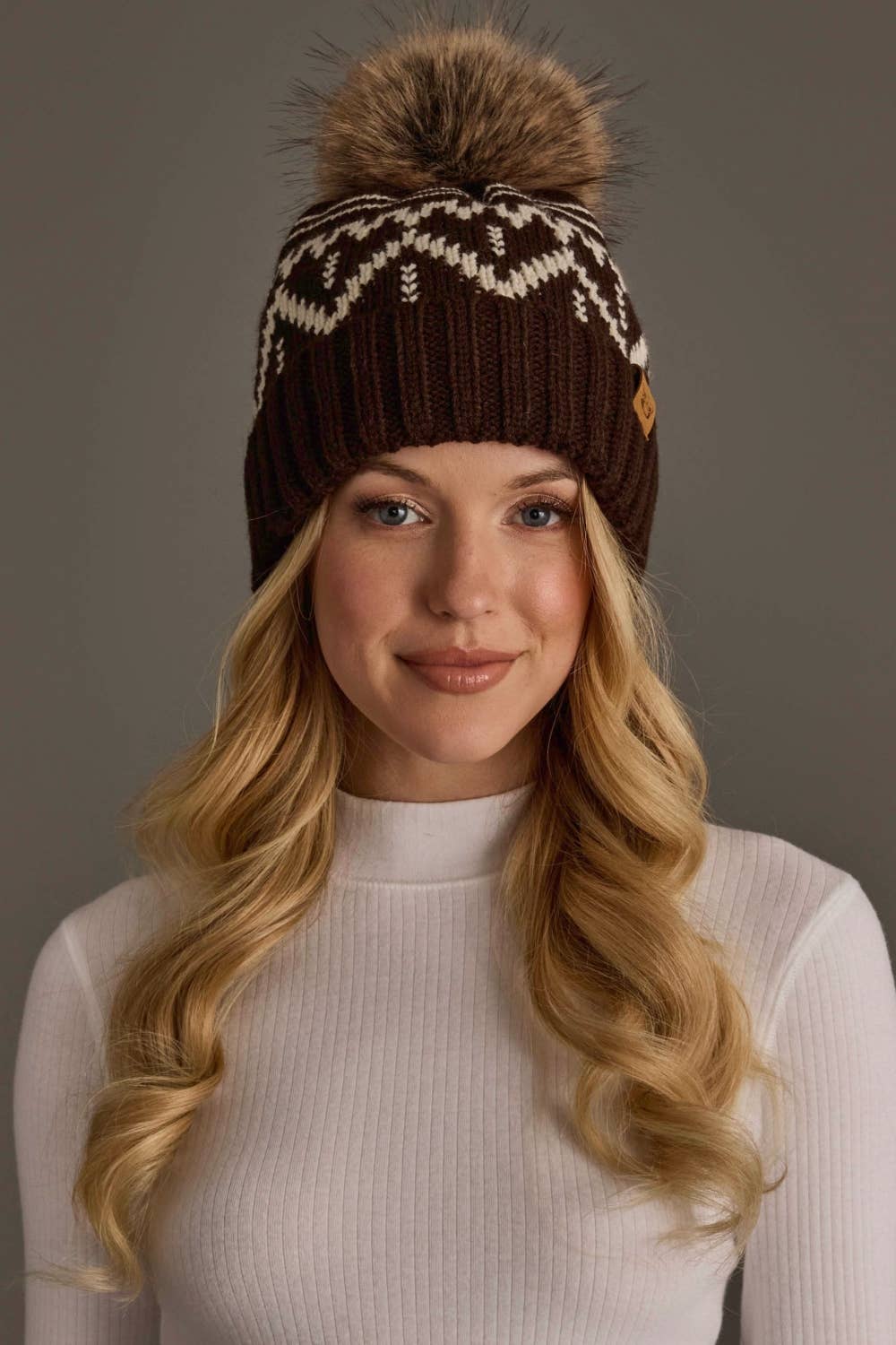 Chocolate Brown & Beige Pom Hat