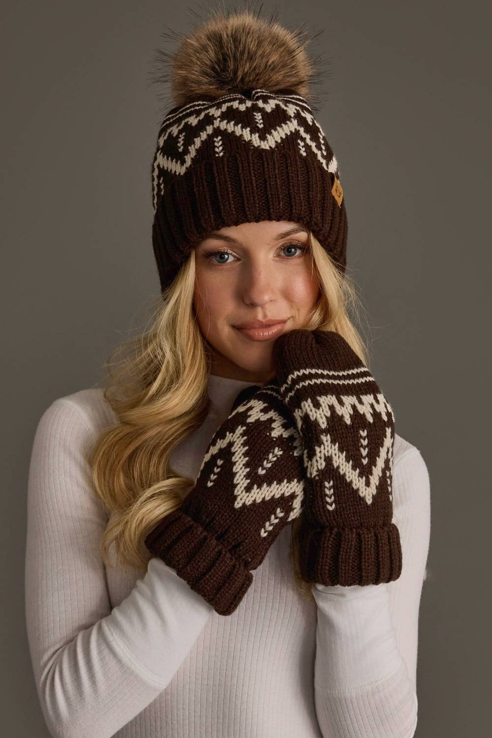 Chocolate Brown & Beige Knit Mittens