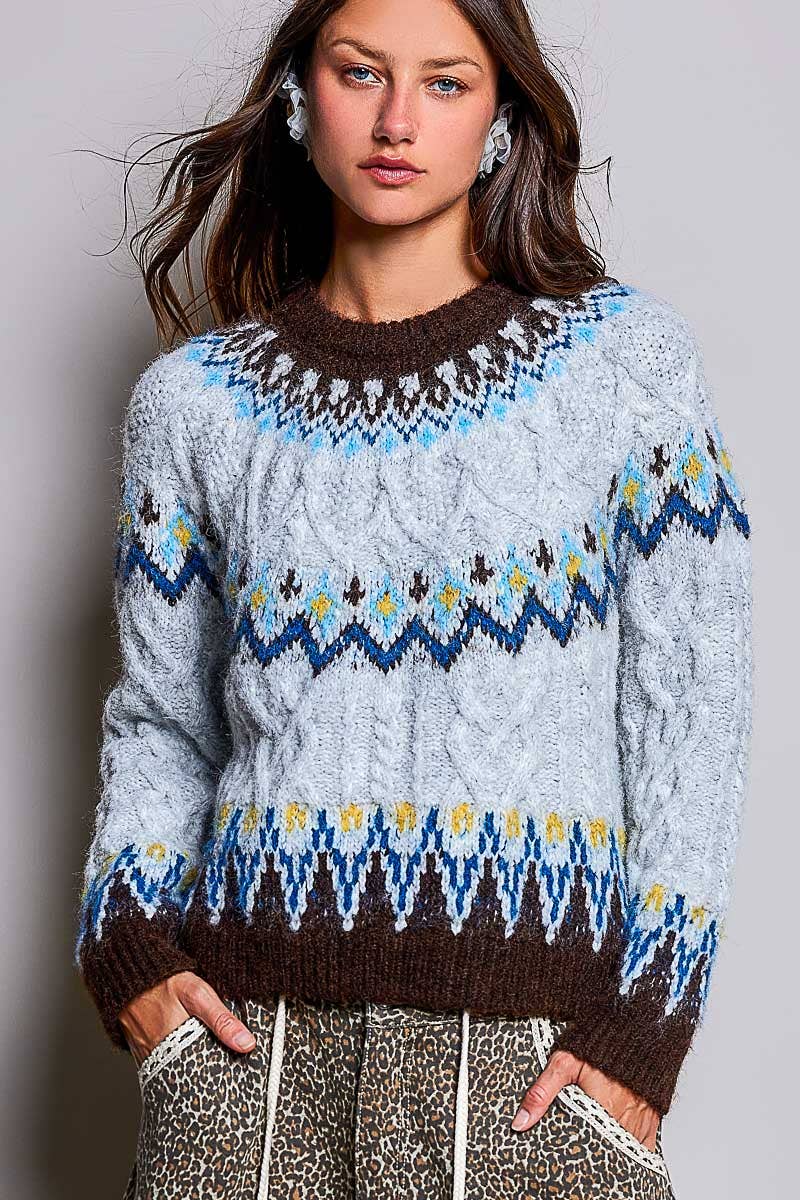 Fair Isle Pattern Cable Knit Sweater